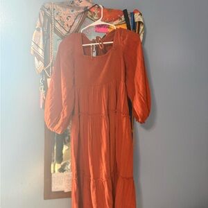 Umgee Rust Orange Tiered Midi Dress with Puff Sleeves